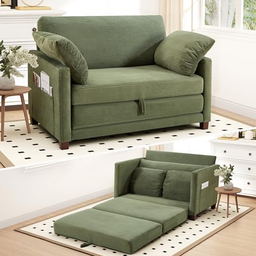 Myroyalsit 51" Convertible Loveseat Sofa Bed, 2-in-1 Folding Sofa Bed with 2 Pillow for Small Spaces, Modern Loveseat Sleeper Couch for Apartment, Living Room & Guest Room (Green Corduroy, 51 inch) - color: Deep Green, size: 51"