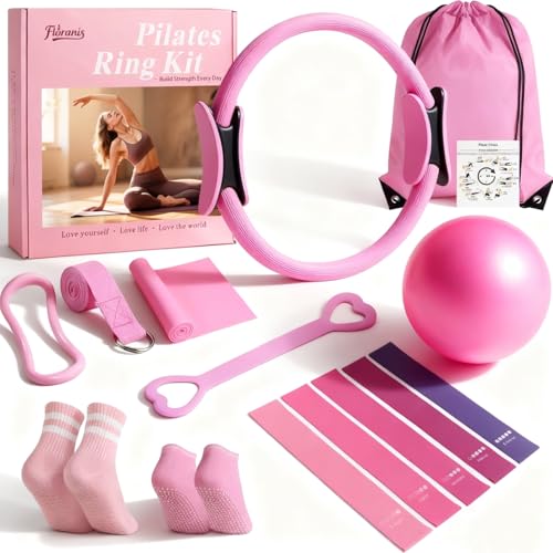 Home Pilates Essentials Kit for Women Pink Ring and Ball Pilates Set Equipment, Magic Circle with 5 Resistance Bands Premium Accessories Kits for Starter Toning Workouts at Home - color: 핑크