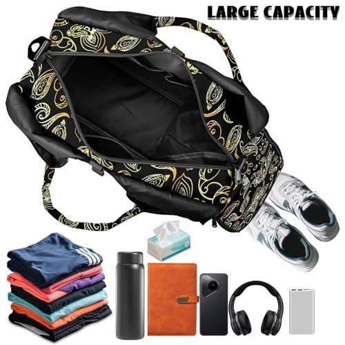 Yoga Gym Bag with Removable Adjustable Shoulder Strap, Shoe Compartment & Top Yoga Mat Holder 17.72x8.66x9.84in - color: Gold Paisley Flower Print