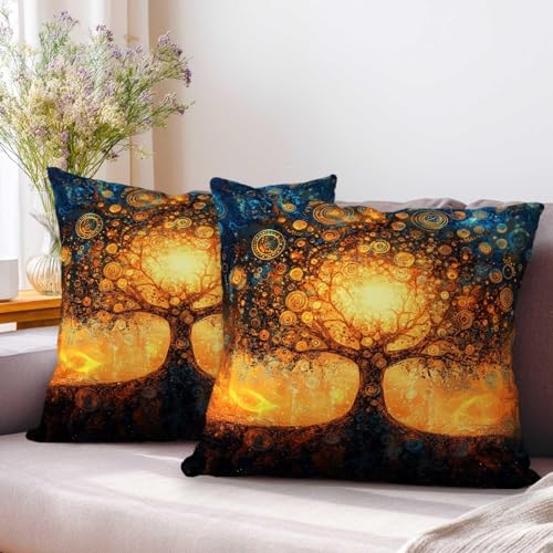 Tree of Life Throw Pillow Covers 18x18 Set of 2 | Blue Gold Decorative Cushion Covers | Mystical Tree Pillowcases for Sofa Couch Bed Living Room Bedroom Home Decor Accent - color: Tree of Life