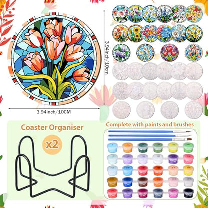 Reallnaive 8 Pcs Flower Paint by Numbers Kit for Adults Wood Floral Coaster | Mini Paint by Numbers, Tiny Round Oil Painting Drink Coaster with Holder, for Small DIY Craft Birthday Gift - style: Floral
