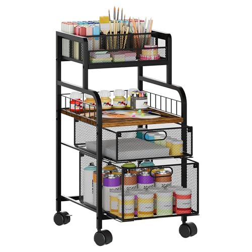 SWTYMIKI Rolling Cart with Drawers - Metal Craft Cart with Wheels, DIY Divider and Wood Shelf, Art Supply Organizer for Under Desk Storage, Utility Storage Cart for Home Office Studio, Espresso - color: 4 Tiers-Espresso, size: 4 Tiers
