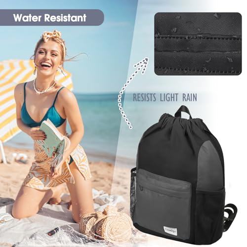 Waterproof Drawstring Backpack Sports Gym Sackpack with Mesh Pockets Water-Resistant String Cinch Beach Bag for Men Women - color: Solid - Black Gray