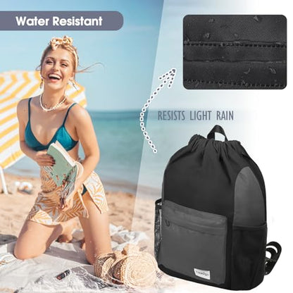 Waterproof Drawstring Backpack Sports Gym Sackpack with Mesh Pockets Water-Resistant String Cinch Beach Bag for Men Women - color: Solid - Black Gray
