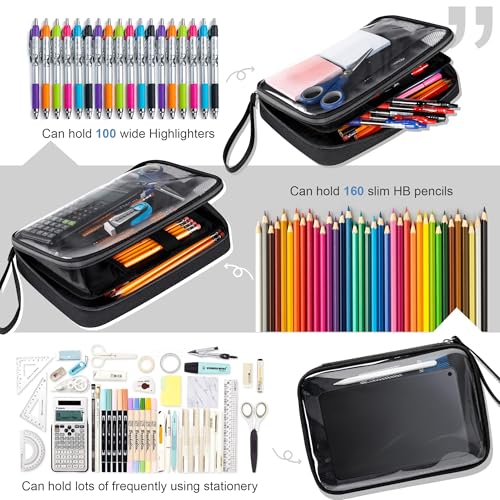 Big Capacity Storage Pouch Marker Pen Pencil Case Simple Stationery Bag Box Art Tool & Sketch Storage Boxes for Bullet Journal Middle High School Office College Student Girl Women Adult Teen - color: Black - Transparent PVC