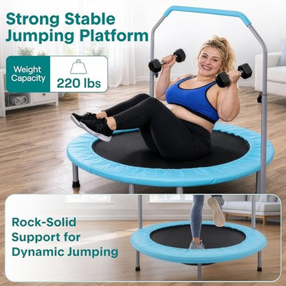 SereneLife 40" Foldable Mini Trampoline for Adults - Compact Fitness Rebounder with Adjustable Foam Handle, Exercise Trampoline with Max Load 330lbs, Indoor/Garden Whole-Body Workout - color: Sky Blue