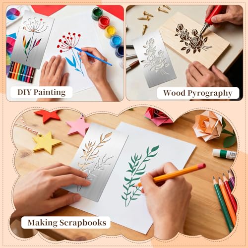 Eageus 8 Pcs Metal Stencils Wood Burning Stencil Lettering Stencils for Painting, Reusable Sunflower Flower Template for Wood Carving Drawing Engraving Journal Craft(Plant Style) - style: Plant Style
