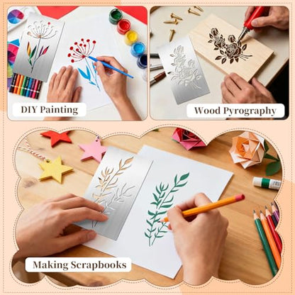 Eageus 8 Pcs Metal Stencils Wood Burning Stencil Lettering Stencils for Painting, Reusable Sunflower Flower Template for Wood Carving Drawing Engraving Journal Craft(Plant Style) - style: Plant Style