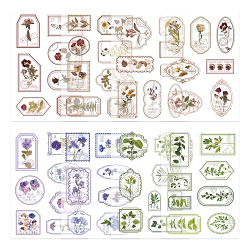 Bomichi 120 Pcs Flowers Stamp Stickers, Vintage Aesthetic Scrapbook Supplies for Junk Journal Bullet Therapy Planner Laptops Card Making Supplies - style: Transparent Flower Stamps