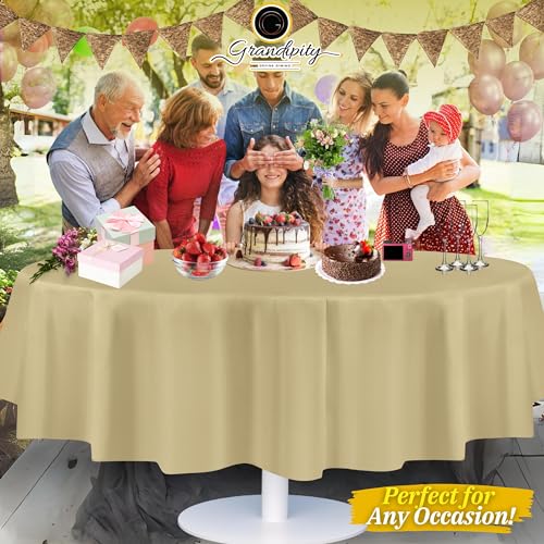 Grandipity Plastic Table Cloth Disposable 12 Pack 84" Round Beige | Plastic table covers, durable disposable tablecloths, fade and tear-resistent table cover for party, event - color: Beige, size: 84in. Round