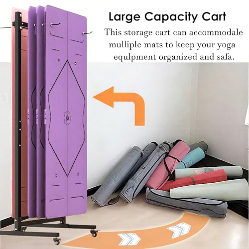 Yoga Mat Storage Rack on Wheels, Metal Yoga Mat Holder with Double Sided Hooks & Punching Tool, Rolling Organizer Cart for Home Gym, Exercise & Fitness Club
