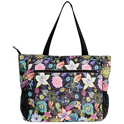ESVAN LARGE BEACH BAG Water Resistant Lightweight 20 inch Women Oversize Tote Bag for Gym Beach Travel Pool Yoga Nurse - color: Black Embroid