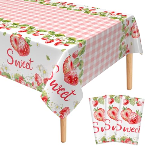 3Pcs Strawberry Tablecloth, 54 x 108 Inch Pink Checkered Plastic Tablecloth, Berry Sweet One Table Covers for Baby Shower, Strawberry Birthday Party, Berry First Birthday Decorations - color: Strawberry