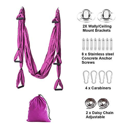 Aerial Trapeze Yoga Hammock Kit - Ultra Strong Antigravity Yoga Flying Sling Inversion Swing Tool Set - color: Deep Purple