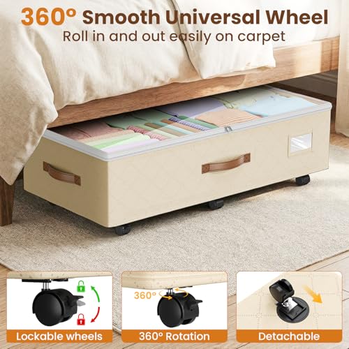 Budding Joy 80L 2 Pack Adjustable Under Bed Storage with Wheels, Beige - color: Beige