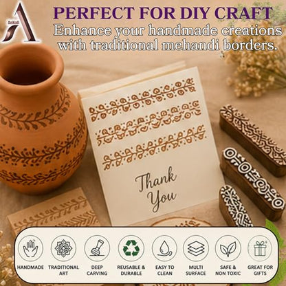 AnNafi® Mehendi Print Blocks| Border Pattern Wooden Stamps (Set of 10)| Fabric Wooden Stamps Border Pattern Printing Blocks| Designer Craft for Mehandi Textile Pottery Saree Border Canvas Painting |