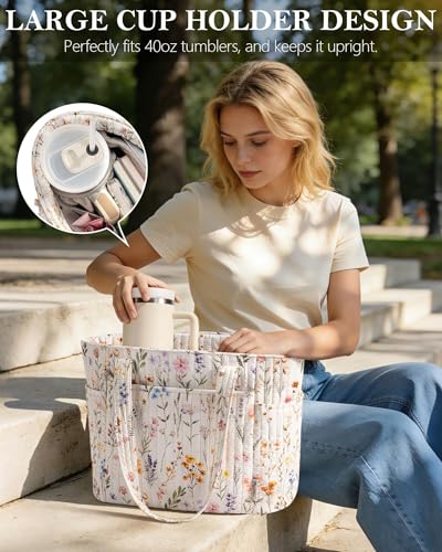 Bagstellar Quilted Tote Bag for Women Teacher Nurse Cotton Laptop Work Tote | Top Zip Closure Puffer Nursing School Travel Tote Bags with 40oz Cup Holder, Lightweight 14” Computer Shoulder Handbag Purses - color: Wild Flower