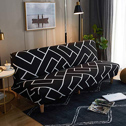 MIFXIN Armless Sofa Cover Futon Slipcover Stretch Elastic Folding Sofa Bed Cover Non-Armrest Couch Furniture Protector Printed Washable Sofa Cover(Black White) - color: Black White
