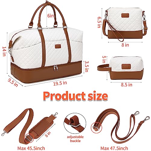 Weekender Bag, Large Travel Duffel Bag for Women, Carry on Overnight Bag with Shoe Compartment and Toiletry Bags - color: White
