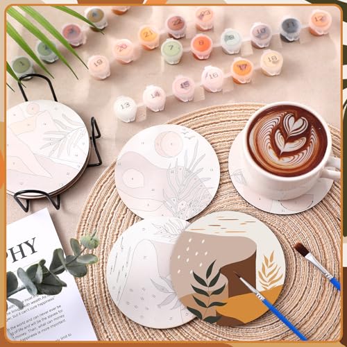 Reallnaive 8 Pcs Boho Paint by Numbers Kit for Adults Wooden Coasters | Mini Paint by Numbers, Tiny Cute Round Oil Painting Drink Coaster with Holder, for Small DIY Craft Birthday Gift - style: Boho