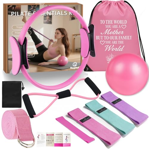 Nuplot Pilates Equipment, Pilates Kit for Home Workouts, Pilates Essentials Kit for Women, Home Pilates Kit with Pilates Ring and Ball Set, Booty Bands, Figure 8 Resistance Band, Yoga Band - color: Pink for Mother