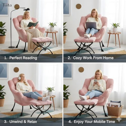 Tiita Lazy Chair with Ottoman, Comfy Reading Accent Chair, Velvet Pink | Foldable Footrest, Padded Seat and Backrest, Side Pocket for Lounging in Living Rooms, Bedrooms, Dorms and Small Spaces - color: Pink