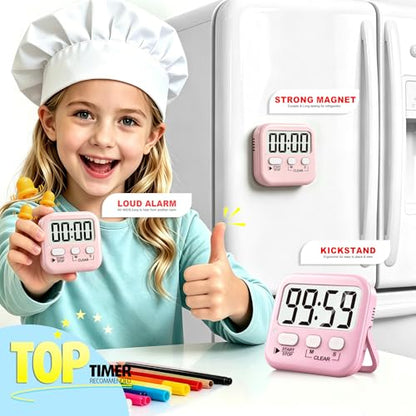 Antonki 2 Pack Digital Timer for Kids Classroom Kitchen Timers for Cooking | w/ Battery, Easy to View, Alarm, Mute Mode, Count Down/Up, Magnetic, Kickstand, Hanging, Classroom Timer for Teacher Supplies - color: Relaxing Pink