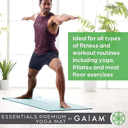 Gaiam Essentials 1/4" Thin (6mm) Yoga & Pilates, Fitness & Exercise Mat with Easy-Cinch Carrier Strap Cusion Support For Fitness and Gym Workouts - color: Black