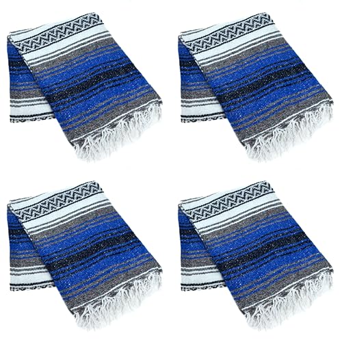 La Montana Bulk Falsa Mexican Blanket, 4 Pack, Cobalt Blue/Charcoal/White | Authentic 74"x50" Lightweight Yoga Blanket Made in Mexico - Decorative Throw for Picnic, Camping, Beach, Bed, Home Decor - color: Cobalt Blue/Charcoal/White
