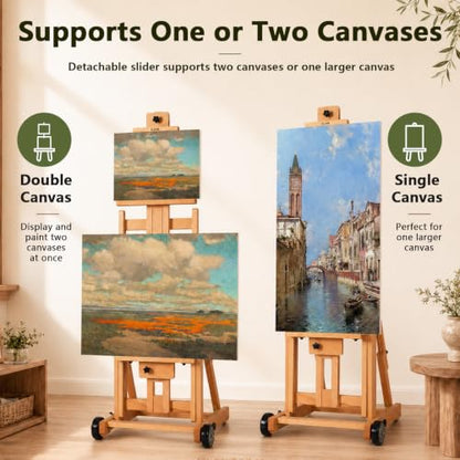 DJAR Large H-Frame Painting Easel for Adults, Solid Beech Wood, Natural | Movable & Tilting Flat Floor Stand, Holds Canvases up to 78", Adjustable Heavy Duty Studio Art Easel for Artists - style: Natural H-Frame Easel