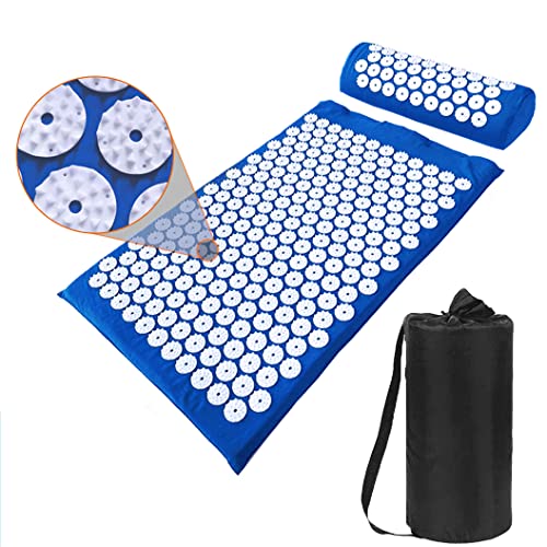 XiaoMaGe 28.7" Acupressure Mat and Pillow Set with Carry Bag (Blue) | Large acupuncture mat for neck & back pain relief, muscle relaxation, circulation support, and post-workout recovery - color: Blue