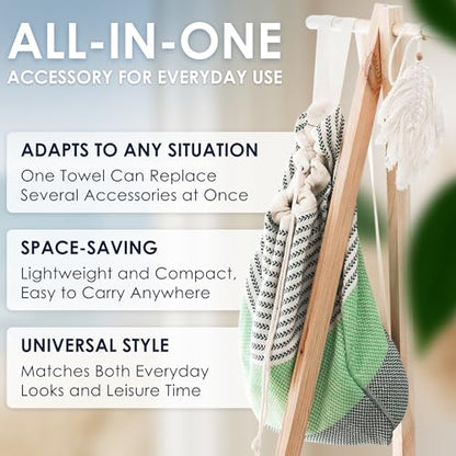 ATANI Turkish Beach Towel, Converts to a Bag, Oversized 100% Cotton Bath Towels Lightweight Quick-Dry Beach Blanket for Travel, Picnic, Camping, Yoga and Pool (Green x Black, 71 inc x 39 inc) - color: Green X Black, size: 71 inc x 39 inc