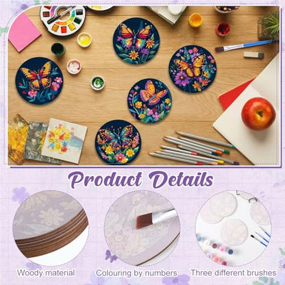 Reallnaive 8 Pcs Butterfly Flower Paint by Numbers Kit Coaster for Adults | Mini Paint by Numbers, Tiny Floral Round Oil Painting Drink Coaster with Holder, for Small DIY Craft Birthday Gift - style: Butterfly Flowers