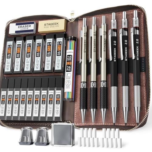 STAGEEK Mechanical Pencil Set with Leather Bag 30 Count, Drawing Pencils 0.5, 0.7, 0.9MM & 3PCS 2MM Sketching Pencils with 464PCS Lead Refills (6B 4B 2B HB 2H 4H Color) for Artist Drafting Drawing - style: Leather Bag