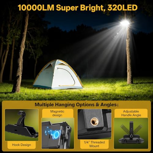 LED Work Light: Portable Rechargeable Magnetic Work Light | 10000LM output with 4 lighting modes, IP65 waterproof protection and a 13000mAh battery for garage, camping and emergency use