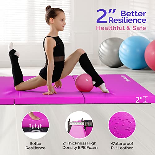 Matladin 6' Folding Tri-fold Gymnastics Gym Exercise Aerobics Mat, 6ft x 2ft x 2in PU Leather Tumbling Mats with Hook & Loop Fastener for Stretching Yoga Cheerleading Martial Arts - color: 'Purple