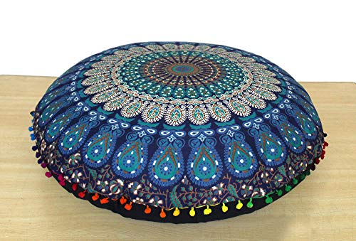 CRAFT KALA 32" Round Mandala Floor Pillow Seating Throw Cover Hippie Decorative Bohemian Ottoman Poufs Pom Pom Pillow Cover Cases Boho Cotton Living Yoga Home Decor, Blue Peacock - color: Blue Peacock
