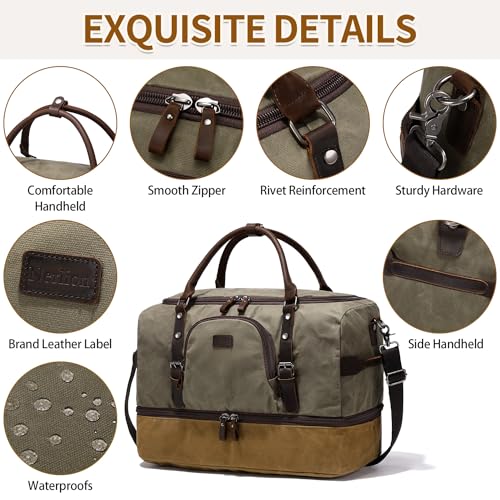 Nerlion Green Large Weekender Overnight Duffel Bag with Shoe Compartment and Leather Accents - color: Green
