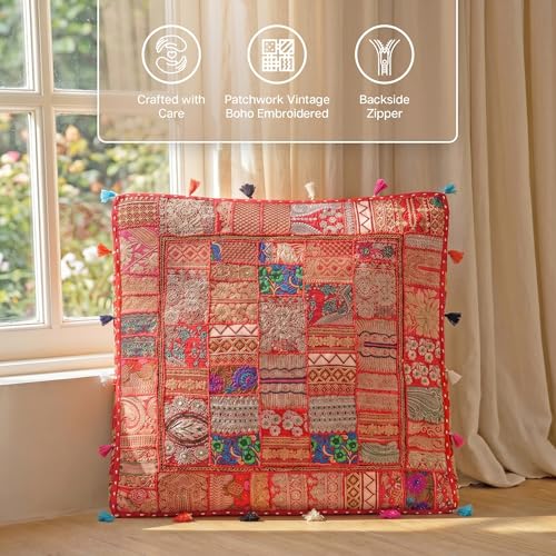 THE ART BOX Cotton Patchwork Vintage Boho Embroidered Floor Pillows & Cushion Cover Dog Pouf Seating Pouf Meditation Pillow Pet Bedding Cat Bed Boho Home Décor (35x35 Inches, Cover Only) - color: Red