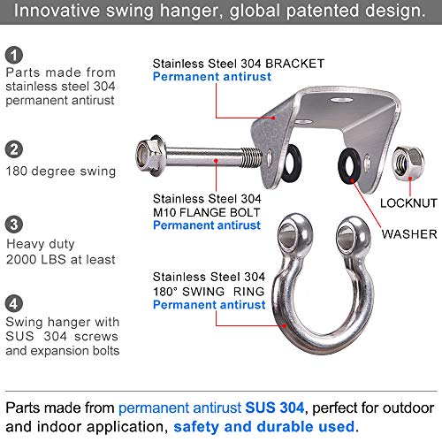 BeneLabel Stainless Steel Heavy Duty Swing Hanger Ceiling Mount 1600 LB Capacity Swing Hardware for Swing Seat, Yoga, Heavy Bag, Porch Swing, Hanging Chair with 2 Screws and 2 Expansion Bolts - color: Silver - 180° Swing Hanger (1 Pack)