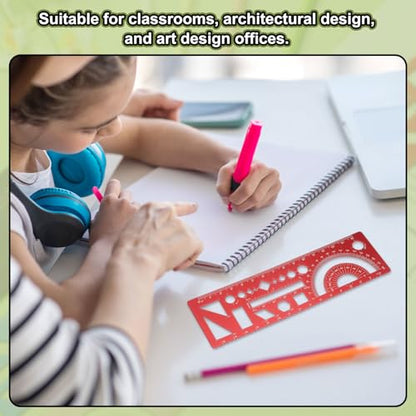 HARFINGTON Multifunctional Geometric Rulers 15cm Metric and SAE Aluminum Straight Edge Protractor Angle Math Measuring Ruler Geometric Drawings Templates for Drawing Drafting, Red - color: Red