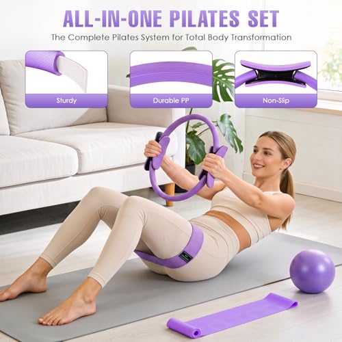 Pilates Kit, Pilates Equipment for Home Workouts, Home Pilates Essentials Kit for Women with Pilates Ring and Ball Set, Socks, Ankle Resistance Bands with Cuffs, Resistance Band and Massage Ball - color: Purple