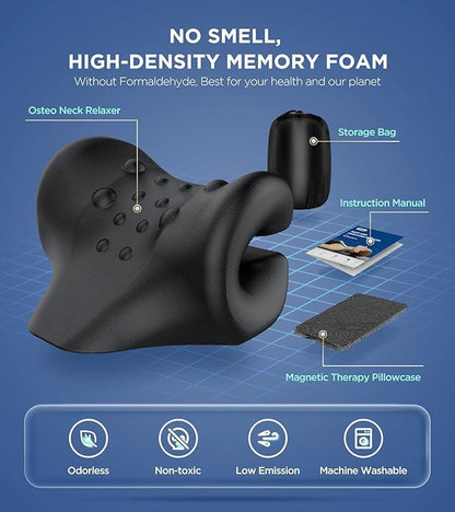 Osteo Neck Stretcher with Magnetic Therapy Cover, 2 Modes[Gentle/Strong] Pain Relief Cervical Traction Device, odorless Neck and Shoulder Relaxer, Chiropractic Pillow for TMJ Headache Spine Alignment - color: Blue
