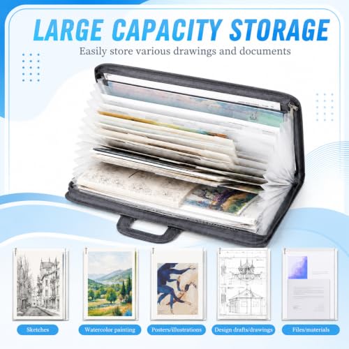 Dunzoom 1 Pack 11 x 17 Art Portfolios, Expanding File Organizer with 13 Pocket for Artwork, Plastic Clear Portfolio Holder Document Binder with Handle, Zipper and 120 Pcs Sticky Labels (Grey) - color: Grey