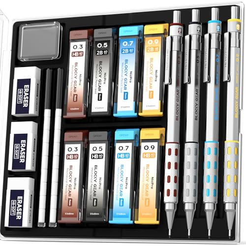 Nicpro 4 Pack Blocky Gear 0.3/0.5/0.7/0.9 mm Metal Mechanical Pencils Set | Lead Drafting Pencil with 8 Tube Break-resistant Lead(HB 2B), Erasers, Eraser Refills, Case for Art Writing Sketching Drawing - style: 0.3 0.5 0.7 0.9mm