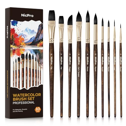 Nicpro Professional Watercolor Brushes Set Synthetic Squirrel Hair, 10 PCS | Water Color Paint Brush Set for Artists, Pointed Round, Flat, Dagger, Cat's Tongue for Watercolor, Gouache, Ink Painting