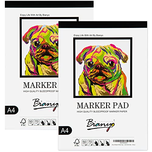 Bianyo Bleedproof Marker Paper Pad, A4(8.27"X11.69"), 50 Sheets/Pad, Pack of 2 Pads, 18 LB / 70 GSM, Glue-Bound, 100% Cotton, White, Ideal for Use with Markers and Ink Mediums - size: A4(8.27*11.69"), 100 sheets