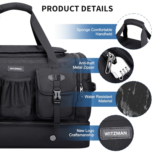 WITZMAN Duffle Bag for Men 55L Nylon Travel Weekender with Shoe Compartment - color: Black