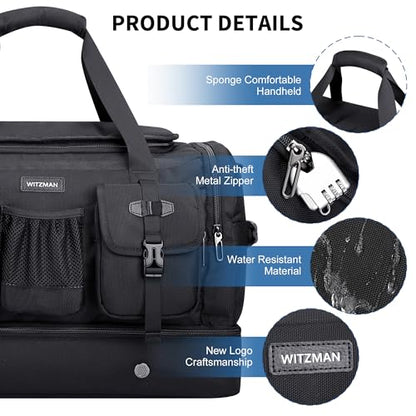 WITZMAN Duffle Bag for Men 55L Nylon Travel Weekender with Shoe Compartment - color: Black