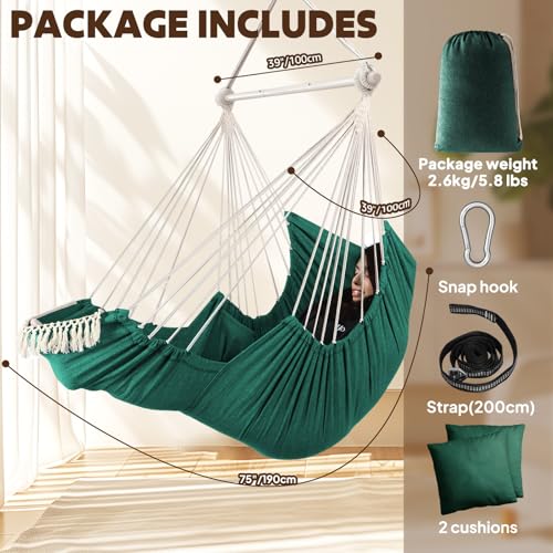 Chihee Hammock Chair Foot Rest 2 Cushions Max 485 lbs Metal Spreader Bar | Robust Hanging Chair Soft Cotton Blended Swing Collapsible Easy Storage Strong Strap Iron Carabiner Pocket Indoor Outdoor - color: Dark Green